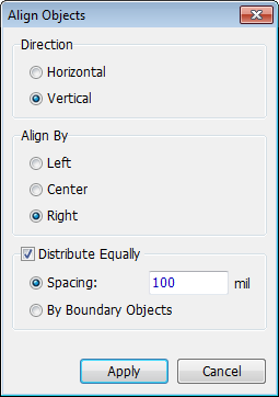 Align Objects dialog: Direction (Horizontal/Vertical), Align By (Left/Center/Right), Distribute Equally checkbox with Spacing in mil, Apply/Cancel buttons