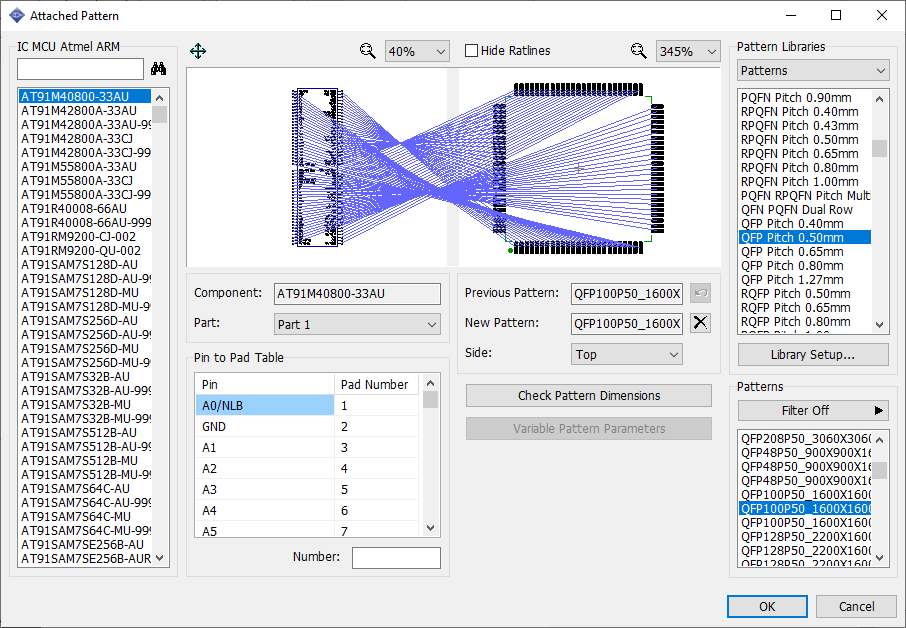 Attached Pattern window: component search list with filter, pattern preview with pin-to-pad number table, Check Pattern Dimensions and Unavailable Pattern Parameters buttons