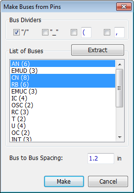 Make Buses from Pins dialog: Bus Dividers checkboxes, List of Buses with Extract button, Bus to Bus Spacing field, Make/Cancel buttons