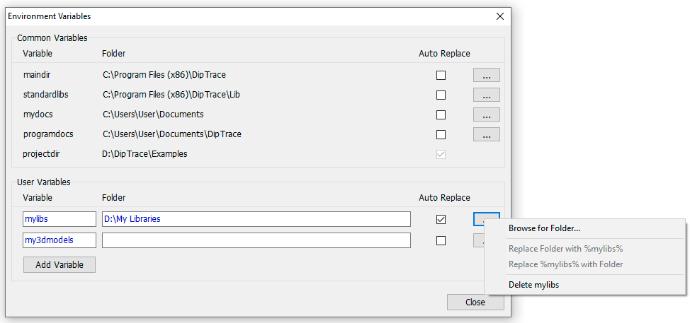Environment Variables dialog: table of Common Variables and User Variables with Folder path and Auto Replace checkboxes, Add Variable and Close buttons