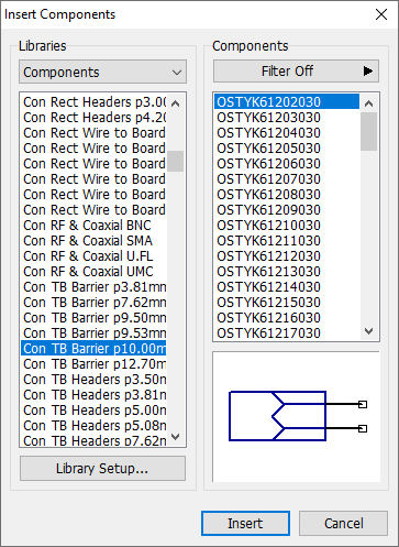 Insert Components dialog: Libraries and Components list panes, Filter Off toggle, pin preview, Library Setup button, Insert/Cancel