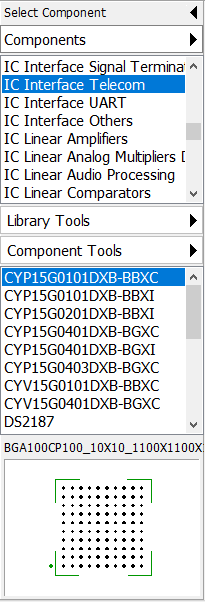 Component library manager tree: library groups and part list with pattern preview thumbnail