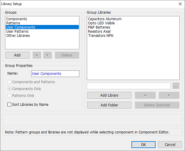 Library Setup dialog: Groups and Group Libraries lists, Group Properties name field, Add Library/Add Folder/Delete Selected buttons, Sort Libraries by Name checkbox, OK/Cancel