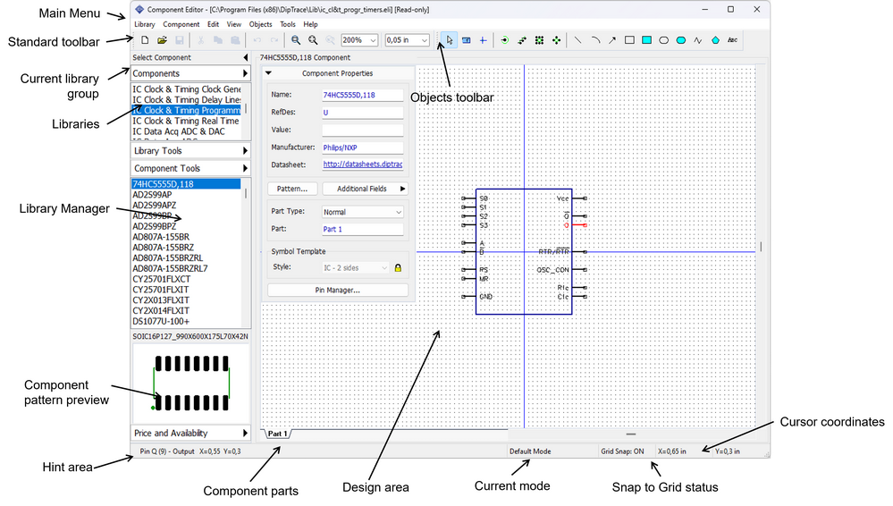 Component Editor main window with labeled UI regions: Standard toolbar, Objects toolbar, Library Manager panel, Component pattern preview, Design area, Component parts list, Hint area, Current mode indicator, Snap to Grid status, Cursor coordinates