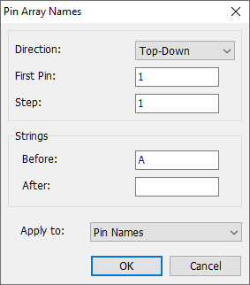 Pin Array Names dialog: Direction dropdown (Top-Down), First Pin and Step fields, Strings Before/After fields, Apply to dropdown (Pin Names), OK/Cancel