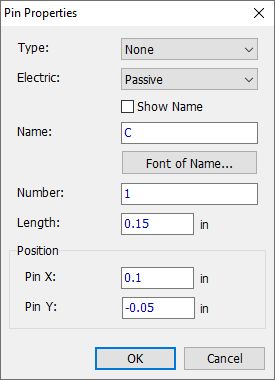 Pin Properties dialog: Type and Electric dropdowns, Show Name checkbox, Name field with Font of Name button, Number field, Length field, Position X/Y fields, OK/Cancel