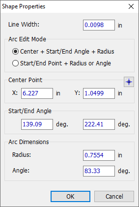Shape Properties dialog for an arc: Line Width field, Arc Edit Mode radio buttons (Center+Start/End Angle+Radius or Start/End Point+Radius/Angle), Center Point X/Y, Start/End Angle, Arc Radius and Angle, OK/Cancel