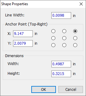 Shape Properties dialog for a rectangle: Line Width field, Anchor Point selector grid, X/Y position, Width/Height dimension fields, OK/Cancel