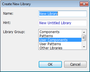 Create New Library dialog: Name and Hint fields, Library Group list (Components, Patterns, User Components, User Patterns, Other Libraries), OK/Cancel