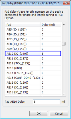 Pad Delay dialog: note about pad delay used for trace length/phase tuning in PCB Layout, table of pads with a Delay (mil) column, selected pad delay value field, OK/Cancel