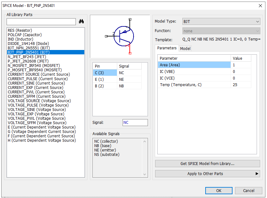 SPICE Model dialog: All Library Parts tree, Model Type and Function dropdowns, Template field, schematic pin/signal diagram, Parameters table, Signal mapping and Available Signals list, Get SPICE Model from Library and Apply to Other Parts buttons, OK/Cancel