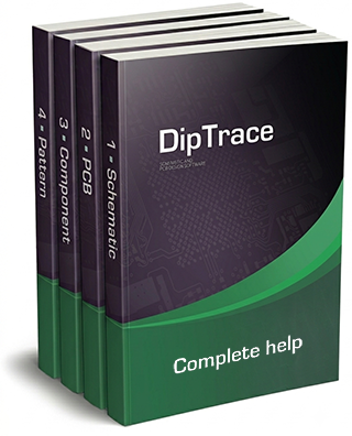 Cover image of the DipTrace Complete Help documentation, shown as a 4-volume book set: 1-Schematic, 2-PCB, 3-Component, 4-Pattern