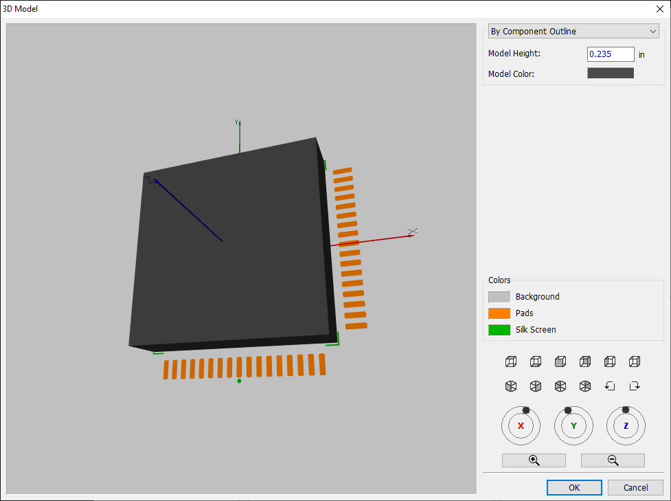 3D Model dialog: 3D component preview, By Component Outline model settings (Model Height, Model Color), color swatches for Background/Pads/Silk Screen, view and rotation toolbar, OK/Cancel