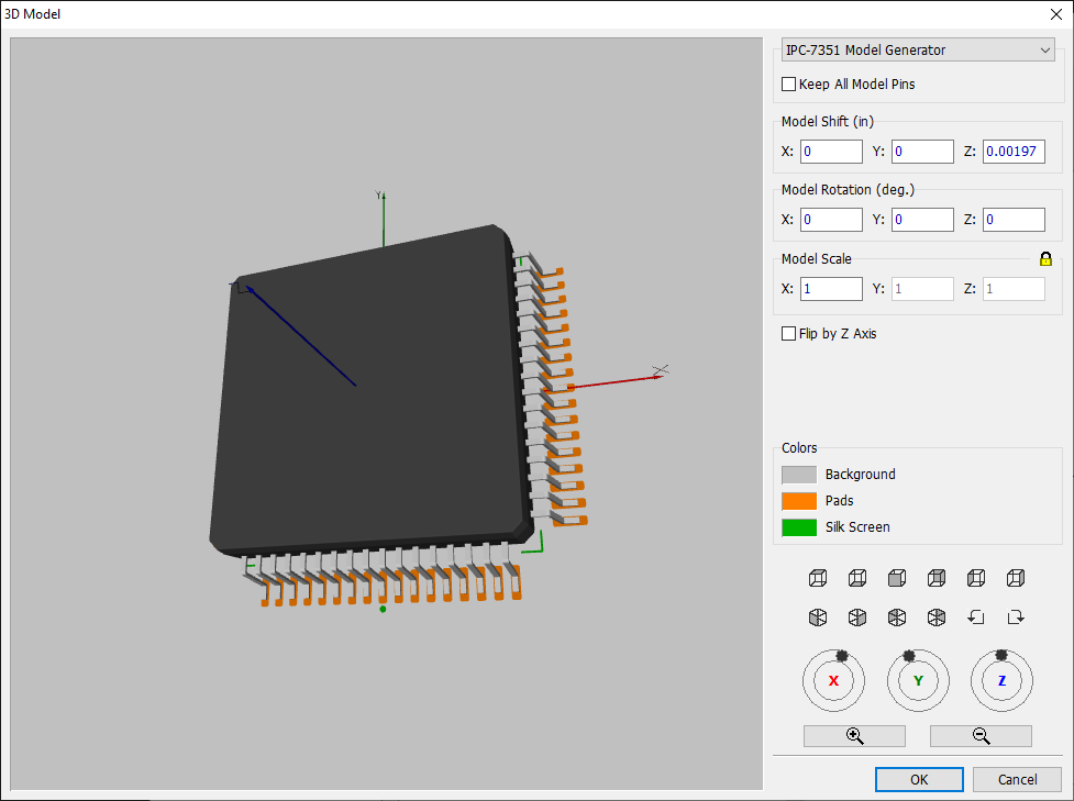 3D Model dialog: 3D component preview, IPC-7351 Model Generator settings (Keep All Model Pins, Model Shift X/Y/Z, Model Rotation, Model Scale, Flip by Z Axis), color swatches for Background/Pads/Silk Screen, view and rotation toolbar, OK/Cancel