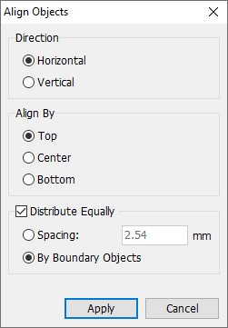 Align Objects dialog: Direction (Horizontal/Vertical), Align By (Top/Center/Bottom), Distribute Equally checkbox with Spacing in mm or By Boundary Objects, Apply/Cancel