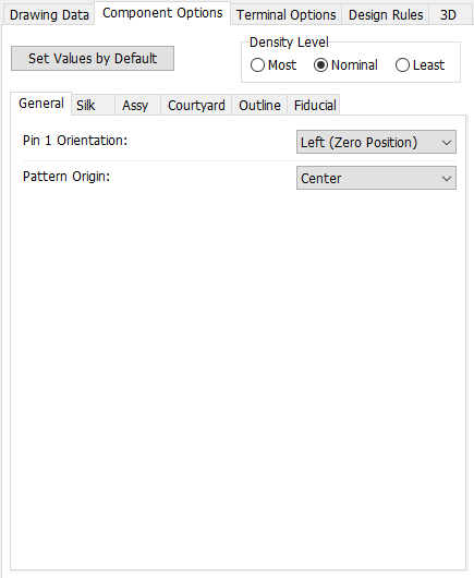 Pattern generator wizard, Component Options tab: Drawing Data/Component Options/Terminal Options/Design Rules/3D tab bar, Set Values by Default button, Density Level radio buttons (Most/Nominal/Least), sub-tabs (General/Silk/Assy/Courtyard/Outline/Fiducial), Pin 1 Orientation and Pattern Origin dropdowns