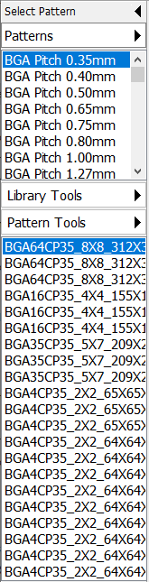 Select Pattern panel: Patterns/Library Tools/Pattern Tools expandable menus, scrollable list of BGA pitch and package pattern names with one selected
