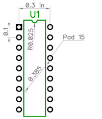 Diagram of an SOIC-style pattern showing pin 1 (RO.025) marker, pad 15 label, and overall diameter/pitch dimension callouts