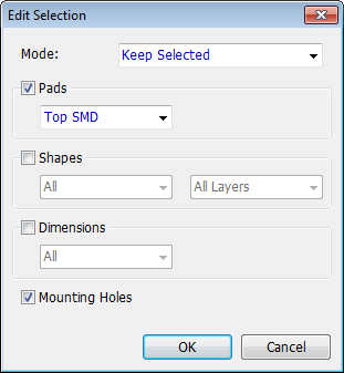 Edit Selection dialog: Mode dropdown (Keep Selected), Pads checkbox with Top SMD filter, Shapes checkbox with All/All Layers filters, Dimensions checkbox with All filter, Mounting Holes checkbox, OK/Cancel