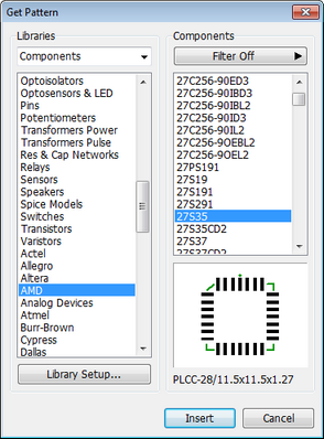 Get Pattern dialog: Libraries and Components list panes, Filter Off toggle, selected footprint preview with name/size label, Library Setup button, Insert/Cancel