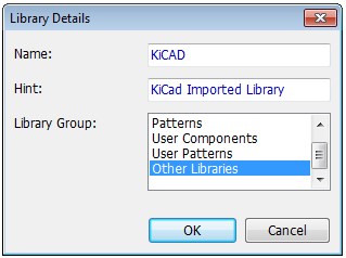 Library Details dialog: Name and Hint fields, Library Group list (Patterns, User Components, User Patterns, Other Libraries selected), OK/Cancel
