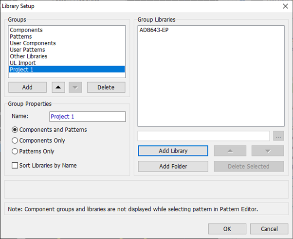 Library Setup dialog: Groups and Group Libraries lists, Group Properties Name field and Components and Patterns/Components Only/Patterns Only radio buttons, Sort Libraries by Name checkbox, Add Library/Add Folder/Delete Selected buttons, OK/Cancel