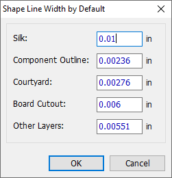 Shape Line Width by Default dialog: Silk, Component Outline, Courtyard, Board Cutout, Other Layers width fields, OK/Cancel