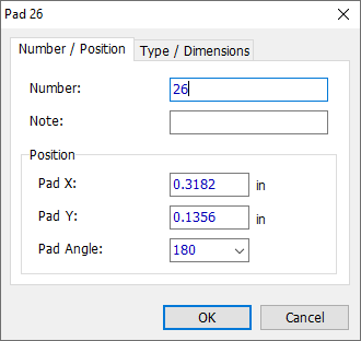Pad Properties dialog, Number/Position tab: Number field, Note field, Pad X/Y position fields, Pad Angle field, OK/Cancel