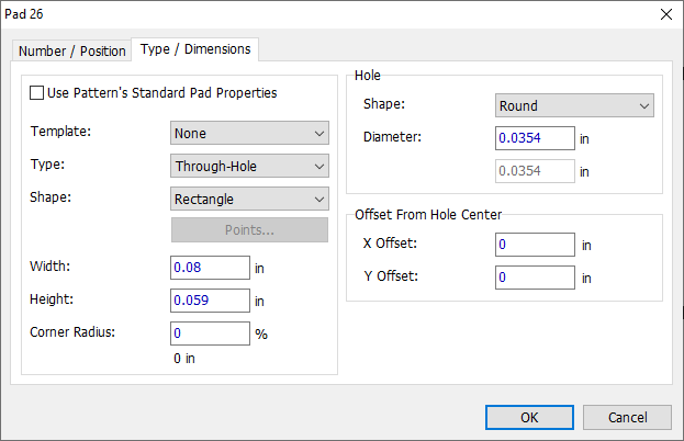 Pad Properties dialog, Type/Dimensions tab: Use Pattern's Standard Pad Properties checkbox, Template/Type/Shape dropdowns, Width/Height/Corner Radius fields, Hole Shape/Diameter fields, Offset From Hole Center X/Y fields, OK/Cancel