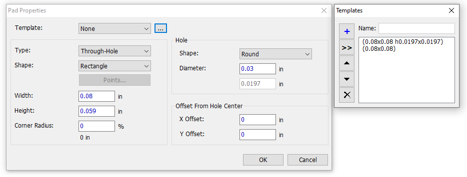 Pad Properties and Templates panels side by side: pad Template/Type/Shape dropdowns with Hole settings, and a Templates list with Add/remove/reorder buttons