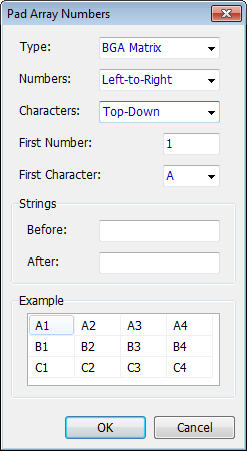 Pad Array Numbers dialog: Type dropdown (BGA Matrix), Numbers direction dropdown (Left-to-Right), Characters order dropdown (Top-Down), First Number and First Character fields, Strings Before/After fields, example numbering grid preview, OK/Cancel