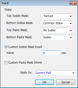 Pad 8 dialog, State section: Top/Bottom Solder Mask and Top/Bottom Paste Mask dropdowns, Custom Solder Mask Swell checkbox with Value field, Custom Paste Mask Shrink checkbox, Apply to dropdown (Current Pad), OK/Cancel