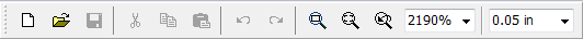 Standard toolbar: New/Open/Save file, Cut/Copy/Paste, Undo/Redo, zoom in/out controls, zoom percentage and grid size selectors