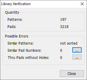 Library Verification dialog: Quantity counts (Patterns, Pads), Possible Errors list (Similar Patterns, Similar Pad Numbers, Thru Pads without Holes) with details buttons, Close button