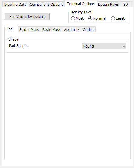 Pattern generator wizard, Terminal Options tab: Drawing Data/Component Options/Terminal Options/Design Rules/3D tab bar, Set Values by Default button, Density Level radio buttons (Most/Nominal/Least), sub-tabs (Pad/Solder Mask/Paste Mask/Assembly/Outline), Pad Shape dropdown (Round)