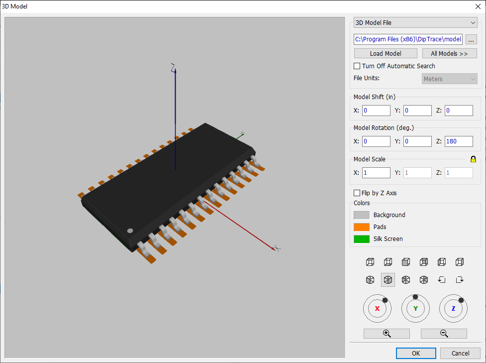 3D Model dialog: 3D component preview, 3D Model File path with Load Model/All Models buttons, Model Shift/Rotation/Scale fields, Flip by Z Axis checkbox, color swatches, view and rotation toolbar, OK/Cancel