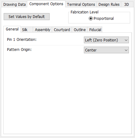 Axial pattern generator, Component Options tab: Set Values by Default button, Fabrication Level Proportional option, sub-tabs (General/Silk/Assembly/Courtyard/Outline/Fiducial), Pin 1 Orientation and Pattern Origin dropdowns
