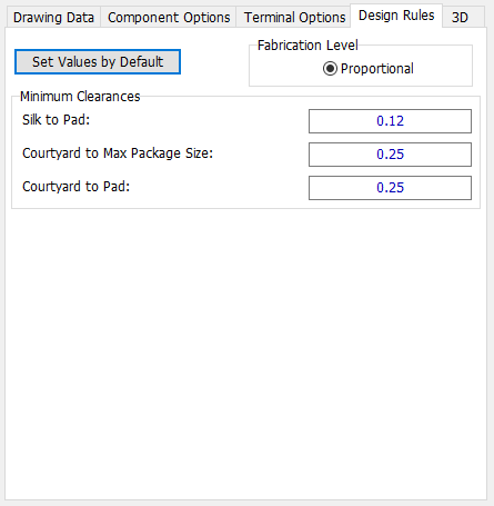 Axial pattern generator, Design Rules tab: Set Values by Default button, Fabrication Level Proportional option, Minimum Clearances fields (Silk to Pad, Courtyard to Max Package Size, Courtyard to Pad)