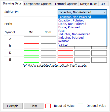 Axial pattern generator, Drawing Data tab: SubFamily dropdown (Capacitor/Diode/Fuse/Inductor/Resistor/Varistor types), Pitch table with Symbol/Min/Nom columns for A/b/D/E dimensions, Example/Clear buttons, Required vs Optional Value color legend
