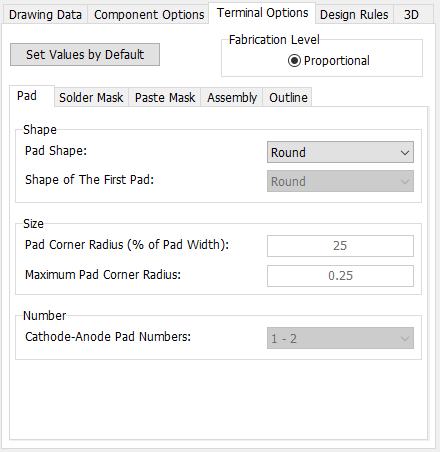 Axial pattern generator, Terminal Options tab: Set Values by Default button, Fabrication Level Proportional option, sub-tabs (Pad/Solder Mask/Paste Mask/Assembly/Outline), Pad Shape and Shape of The First Pad dropdowns, Pad Corner Radius fields, Cathode-Anode Pad Numbers field