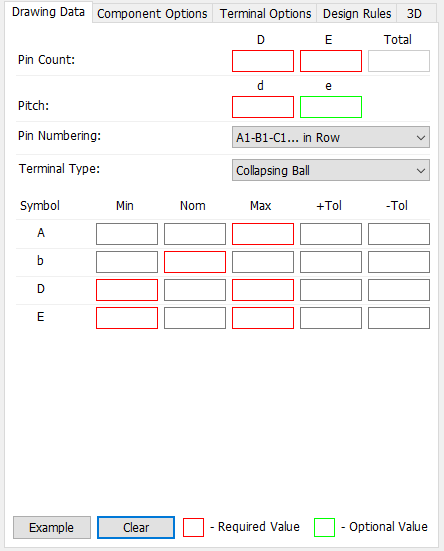 BGA pattern generator, Drawing Data tab: Pin Count D/E/Total fields, Pitch d/e fields, Pin Numbering dropdown (A1-B1-C1... in Row), Terminal Type dropdown (Collapsing Ball), dimension table (Symbol/Min/Nom/Max/+Tol/-Tol) for A/b/D/E, Example/Clear buttons