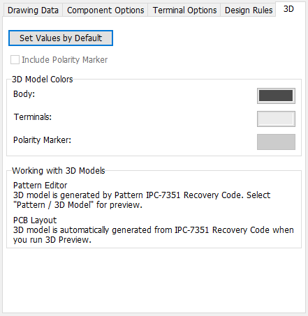 BGA pattern generator, 3D tab: Set Values by Default button, Include Polarity Marker checkbox, 3D Model Colors (Body/Terminals/Polarity Marker), note on how 3D models are generated from the IPC-7351 Recovery Code in Pattern Editor and PCB Layout