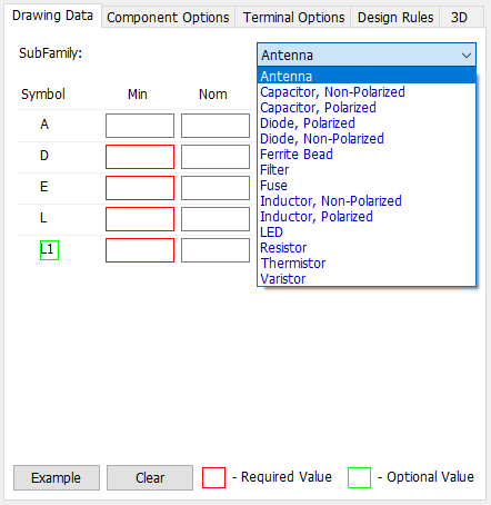 Chip pattern generator, Drawing Data tab: SubFamily dropdown (Antenna, Capacitor, Diode, Ferrite Bead, Filter, Fuse, Inductor, LED, Resistor, Thermistor, Varistor types), dimension table (Symbol/Min/Nom) for A/D/E/L/L1, Example/Clear buttons