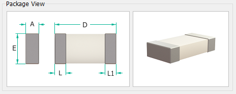 Package View panel showing a chip component outline with dimension callouts (A, D, E, L, L1) alongside a 3D preview