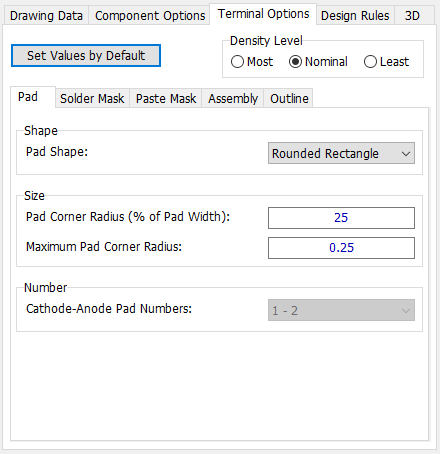 Chip pattern generator, Terminal Options tab: Density Level radio buttons, sub-tabs (Pad/Solder Mask/Paste Mask/Assembly/Outline), Pad Shape dropdown (Rounded Rectangle), Pad Corner Radius fields, Cathode-Anode Pad Numbers field