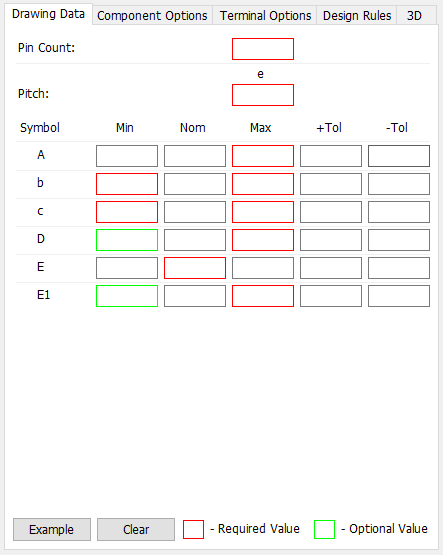 DIP pattern generator, Drawing Data tab: Pin Count field, Pitch (e) field, dimension table (Symbol/Min/Nom/Max/+Tol/-Tol) for A/b/c/D/E/E1, Example/Clear buttons
