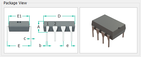 Package View panel showing a DIP outline with pin 1/2 markers and dimension callouts (E1, D, A, b, c, E, e) alongside a 3D preview