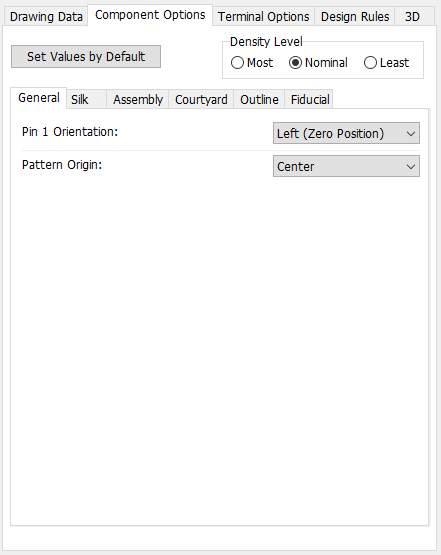 QFP pattern generator, Component Options tab: Set Values by Default button, Density Level radio buttons (Most/Nominal/Least), sub-tabs (General/Silk/Assembly/Courtyard/Outline/Fiducial), Pin 1 Orientation and Pattern Origin dropdowns
