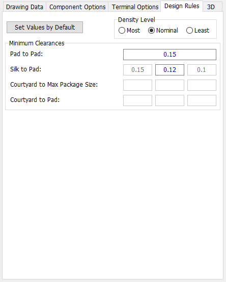 QFP pattern generator, Design Rules tab: Set Values by Default button, Density Level radio buttons, Minimum Clearances fields (Pad to Pad, Silk to Pad, Courtyard to Max Package Size, Courtyard to Pad)