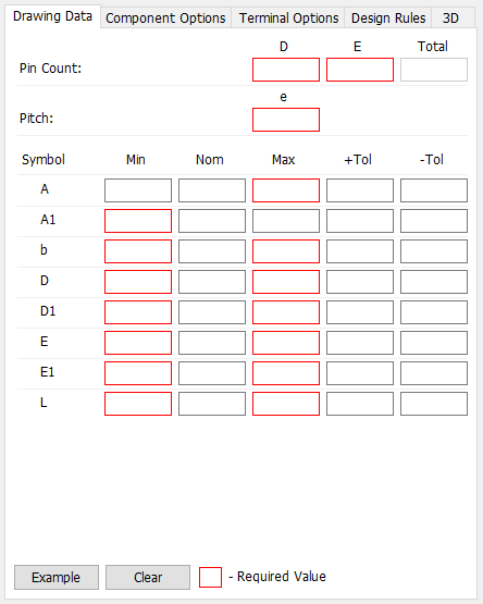 QFP pattern generator, Drawing Data tab: Pin Count D/E/Total fields, Pitch (e) field, dimension table (Symbol/Min/Nom/Max/+Tol/-Tol) for A/A1/b/D/D1/E/E1/L, Example/Clear buttons